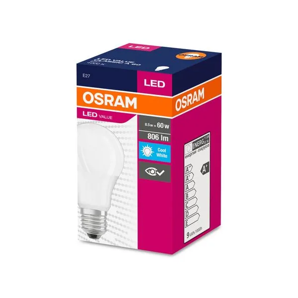 Žiarovka OSRAM® LED FR 060 (ean3381) non-dim, 8,5W/840 E27 4000K Value CLASSIC A