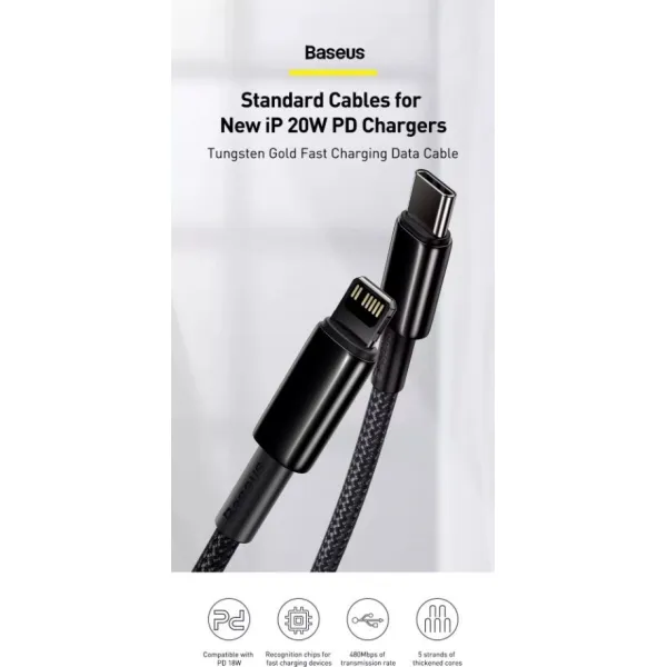 Baseus Tungsten Gold Rýchlonabíjací / dátový kábel USB-C na Lightning PD 20W 1m, čierny