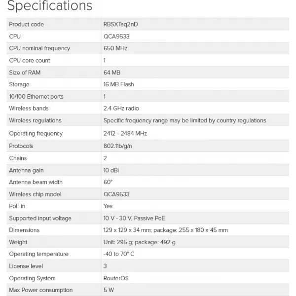MikroTik SXTsq Lite2, 650MHz CPU, 64MB RAM, 1x LAN, integ. 2.4GHz Wi-Fi, 2x10dBi, 802.11a/n, 25dBm vrátane. Licencia L3