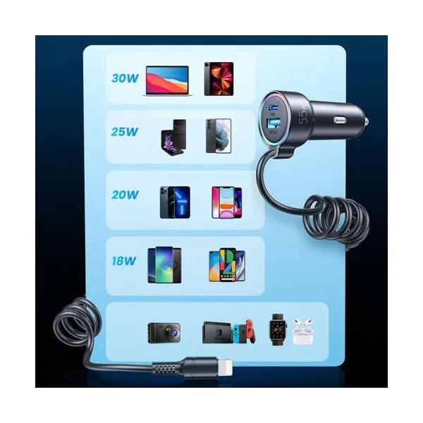 Nabíjačka do auta Joyroom JR-CL07, 3v1, 1xUSB 1xUSB-C + 55W kábel USB-C (čierny) 044855