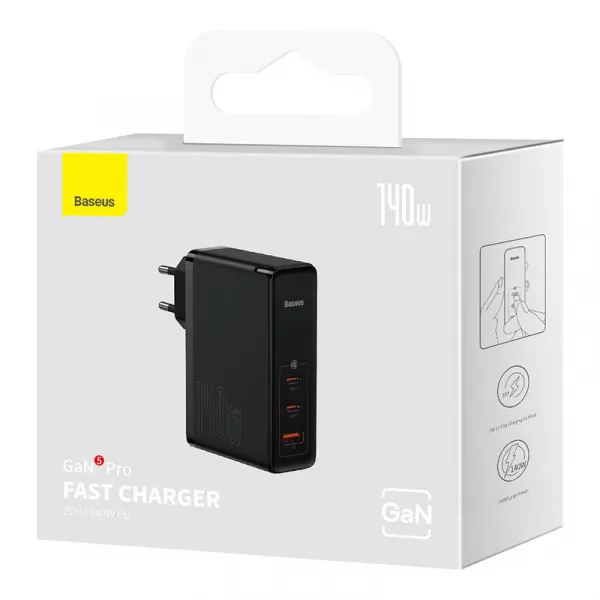 Baseus Quick Nabíjací adaptér USB-A / 2x USB-C 140W, Čierny