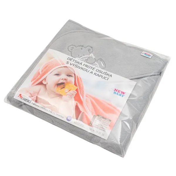 Detská froté osuška s výšivkou a kapuckou New Baby 80x80 sivá myška