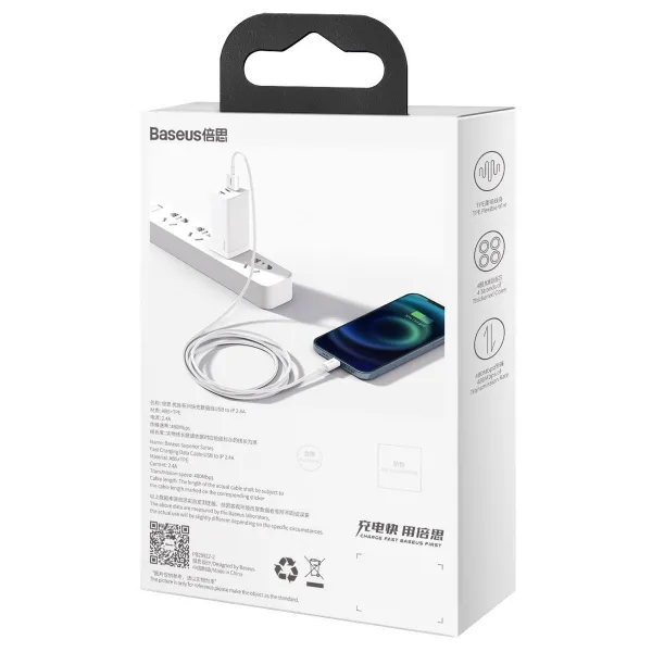 Kábel USB na Lightning Baseus Superior Series, 2,4 A, 2 m (biely) 026223