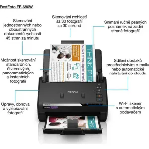Skener EPSONFastFoto FF-680W, A4, 600x600 dpi, 24 bitov farebnej hĺbky, USB 3.0, Bezdrôtová sieť LAN