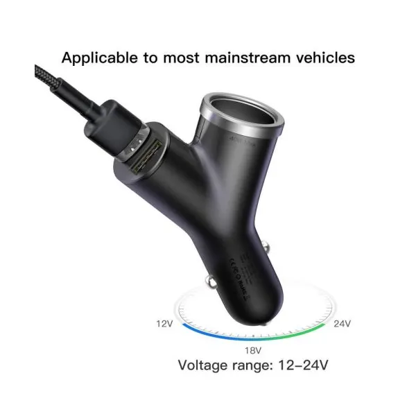 Baseus Car Charger Y-type dual USB + cigarette lighter extended, 3.4A, čierna (CCALL-YX01)