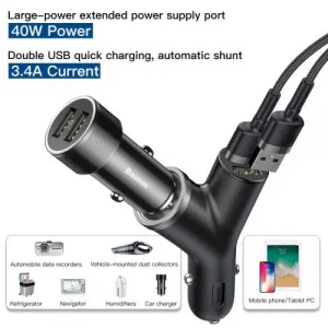 Baseus Car Charger Y-type dual USB + cigarette lighter extended, 3.4A, čierna (CCALL-YX01)