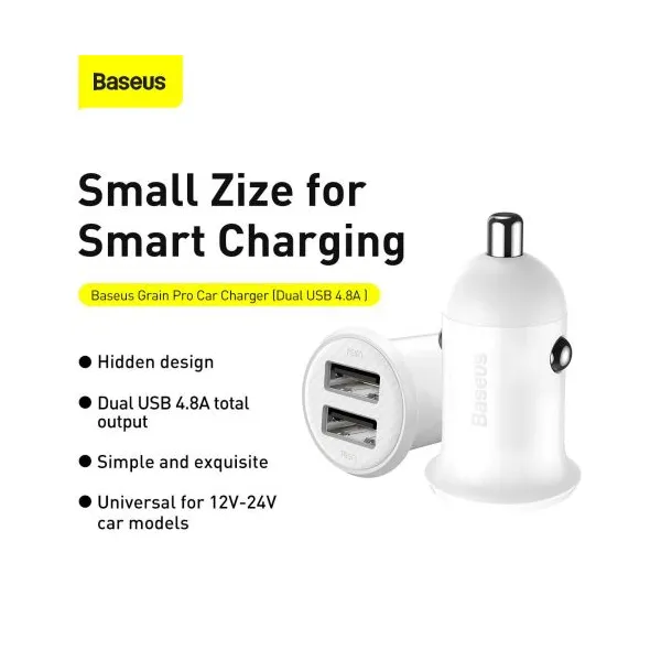 Baseus Grain Pro 2x USB 4,8A nabíjačka do auta (biela) 025367