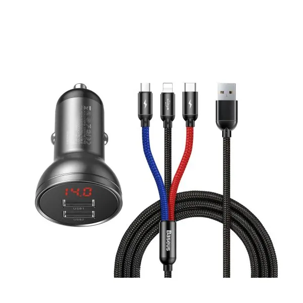 Baseus Adaptér 2xUSB 24W + Kábel 3in1 Micro USB/ Lightning /Type C 1,2 meter, Čierny