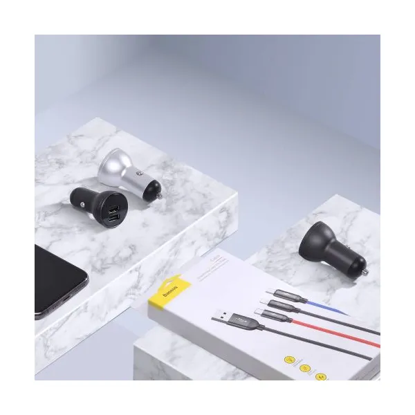 Baseus Adaptér 2xUSB 24W + Kábel 3in1 Micro USB/ Lightning /Type C 1,2 meter, Čierny
