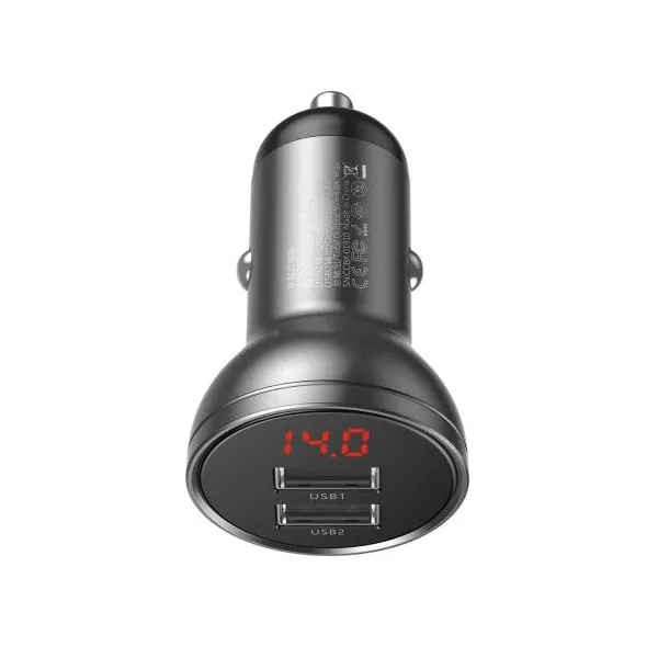 Baseus duálny USB adaptér do auta s displejom 4,8A 24W, sivý