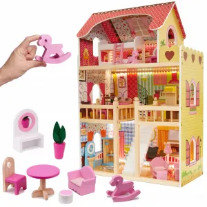 Dollhouse Drevená +ružový nábytok 90 cm LED