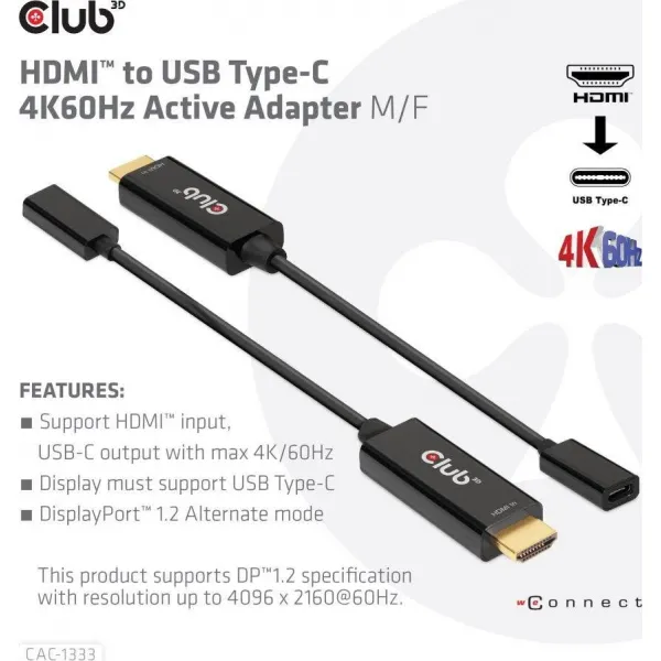 Club3D Aktívny adaptér HDMI na USB-C, 4K60Hz, M/F