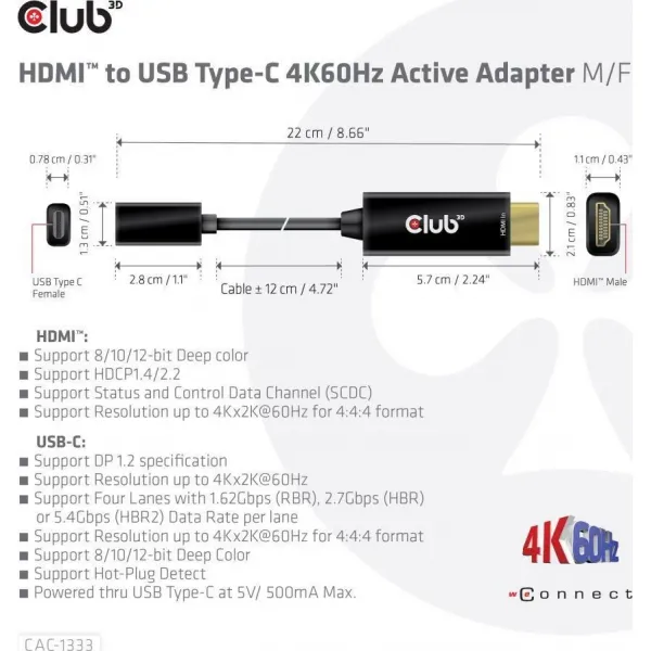 Club3D Aktívny adaptér HDMI na USB-C, 4K60Hz, M/F