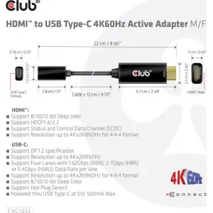 Club3D Aktívny adaptér HDMI na USB-C, 4K60Hz, M/F