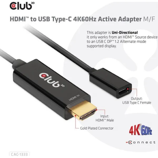 Club3D Aktívny adaptér HDMI na USB-C, 4K60Hz, M/F