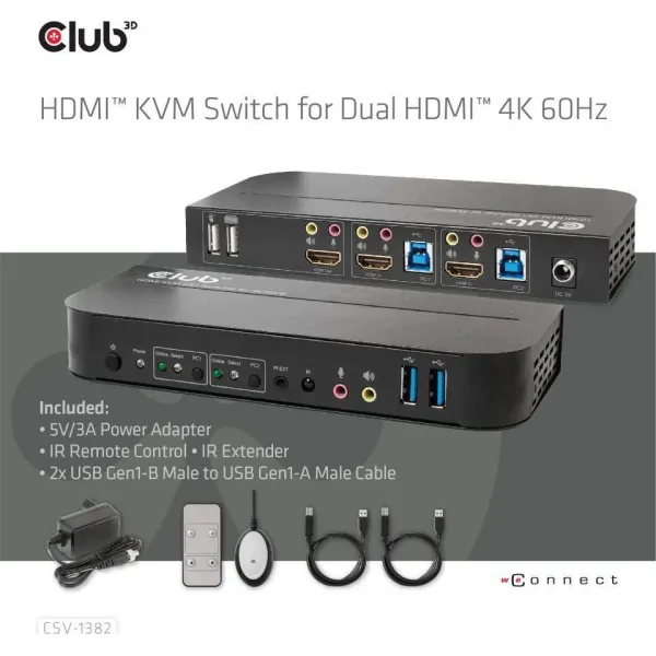 Sieťový prepínač Club3D - Prepínač, HDMI KVM prepínač - Dual HDMI 4K 60Hz