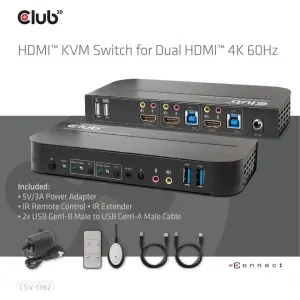 Sieťový prepínač Club3D - Prepínač, HDMI KVM prepínač - Dual HDMI 4K 60Hz