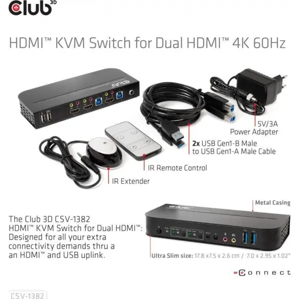 Sieťový prepínač Club3D - Prepínač, HDMI KVM prepínač - Dual HDMI 4K 60Hz