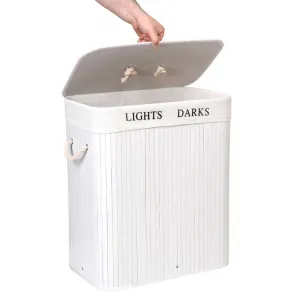 Bambusový kôš s vekom 100L 2 priehradky biely
