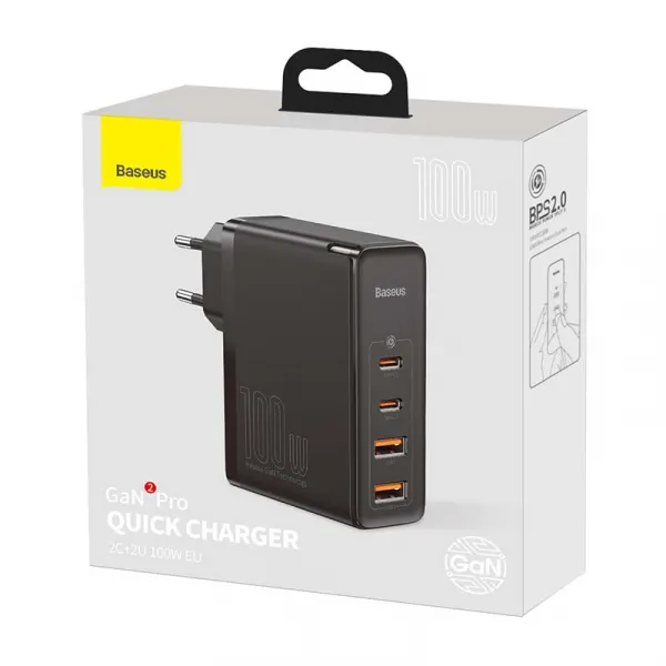 Baseus GaN2 Pro nástenná nabíjačka, 2x USB + 2x USB-C, 100W, EU (čierna) 026519