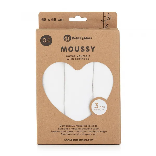 PETITE&MARS - Sada plienok bambusová mušelínová 3ks Moussy Total White, 68 x 68 cm