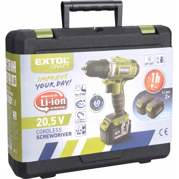 EXTOL CRAFT 402440 Vŕtačka aku 20V, 2x akumulátor 1,5Ah Li-ion, 27Nm, kufor