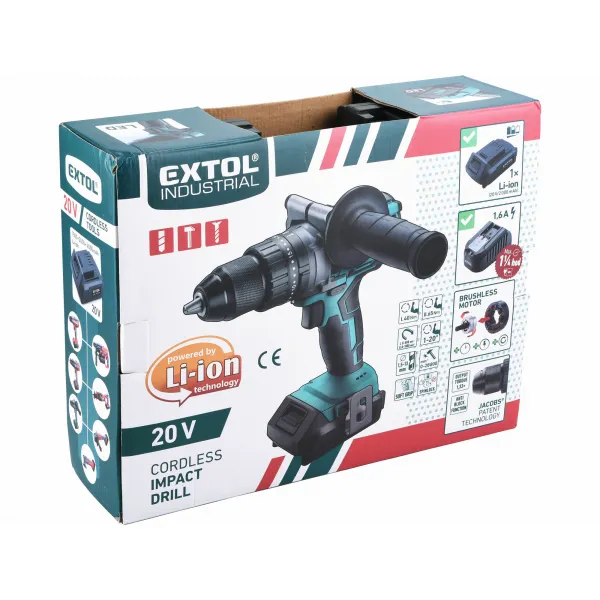 EXTOL INDUSTRIAL 8791800 Vŕtačka s príklepom akumulátorová Share20V, 1x 2Ah Li-ion, 65Nm, kufor