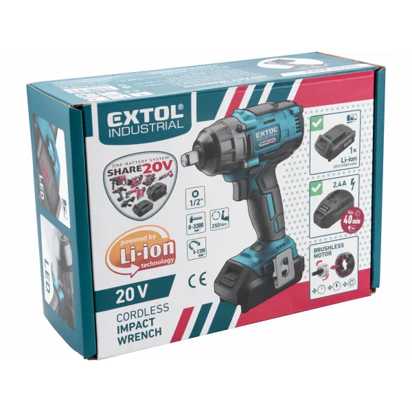 EXTOL INDUSTRIAL 8791811 Uťahovač rázový aku Share20V, bez aku a nabíjačky, 250Nm