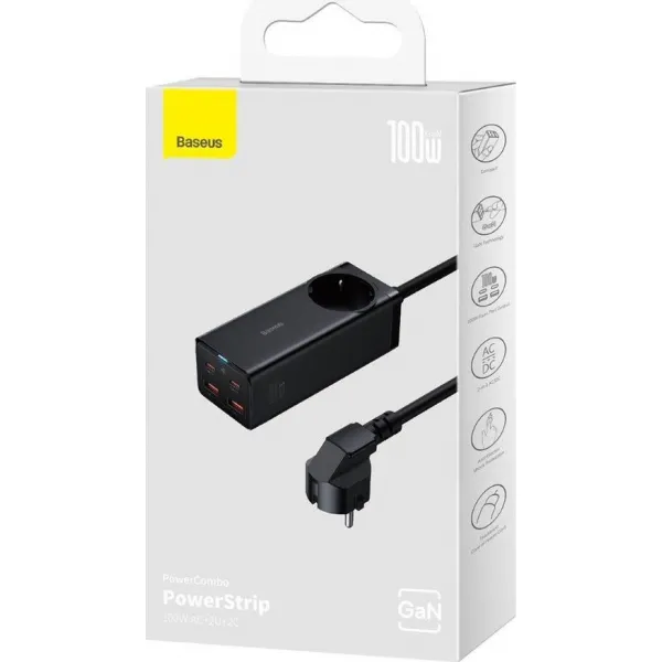 Nástenná nabíjačka / predlžovací kábel Baseus GaN3 Pro 2x USB + 2xUSB-C + AC, 100W (čierna) 038288