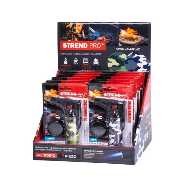 Zapaľovač Strend Pro Mini horák so stojanom, kamufláž, plniteľný, 75x45x120 mm, Sellbox 12 ks