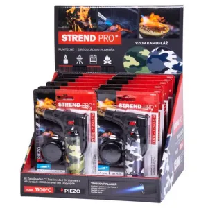 Zapaľovač Strend Pro Mini horák so stojanom, kamufláž, plniteľný, 75x45x120 mm, Sellbox 12 ks