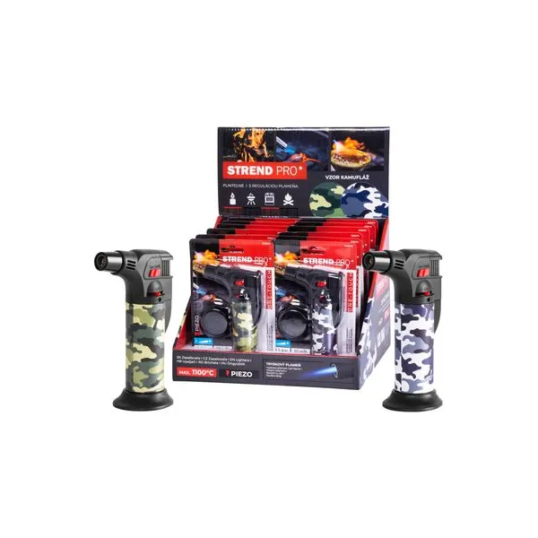 Zapaľovač Strend Pro Mini horák so stojanom, kamufláž, plniteľný, 75x45x120 mm, Sellbox 12 ks
