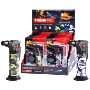 Zapaľovač Strend Pro Mini horák so stojanom, kamufláž, plniteľný, 75x45x120 mm, Sellbox 12 ks