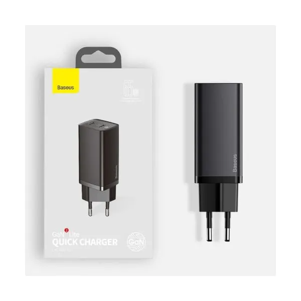 Baseus GaN2 Lite nástenná nabíjačka, USB + USB-C, 65 W, EÚ (čierna) 026517