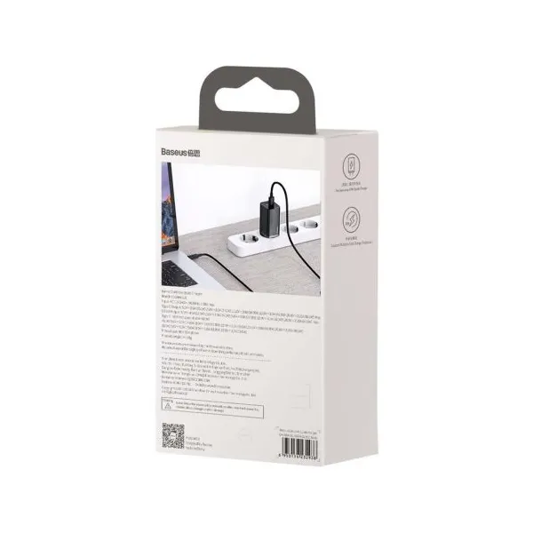 Baseus GaN2 Lite nástenná nabíjačka, USB + USB-C, 65 W, EÚ (čierna) 026517