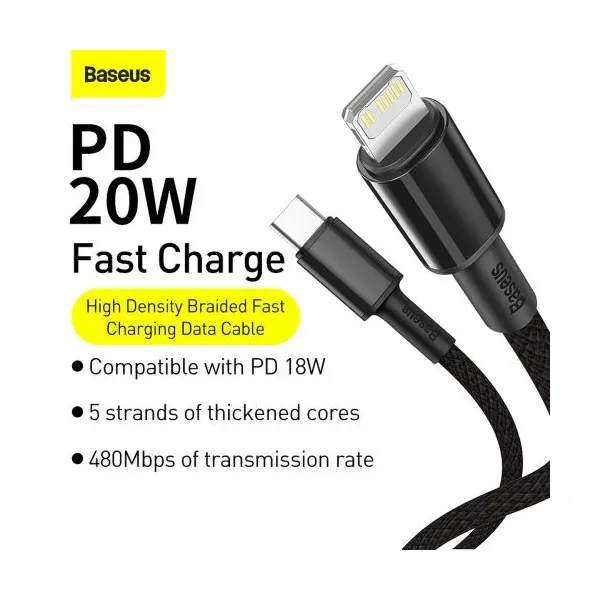 Kábel USB-C do Lightning Baseus High Density Braided, 20W, 5A, PD, 2m (černý) 024642