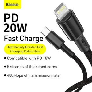 Kábel USB-C do Lightning Baseus High Density Braided, 20W, 5A, PD, 2m (černý) 024642