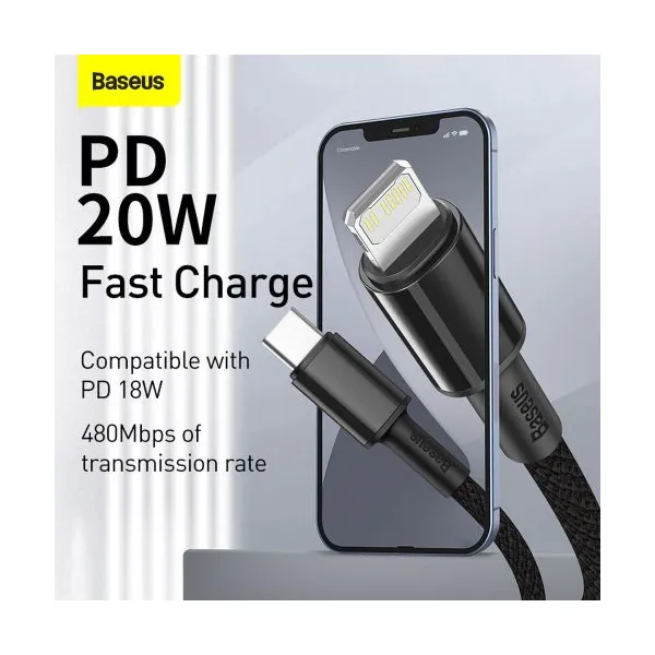 Kábel USB-C do Lightning Baseus High Density Braided, 20W, 5A, PD, 2m (černý) 024642