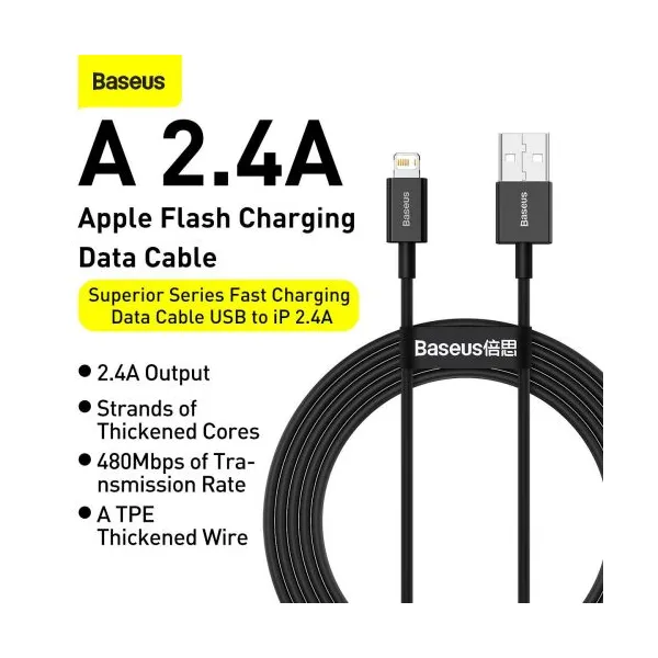 Kábel USB-Lightning Baseus Superior Series, 2,4 A, 2 m (čierny) 026621
