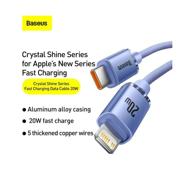 Kábel Baseus Crystal Shine USB-C na Lightning, 20 W, PD, 1,2 m (fialový) 030329
