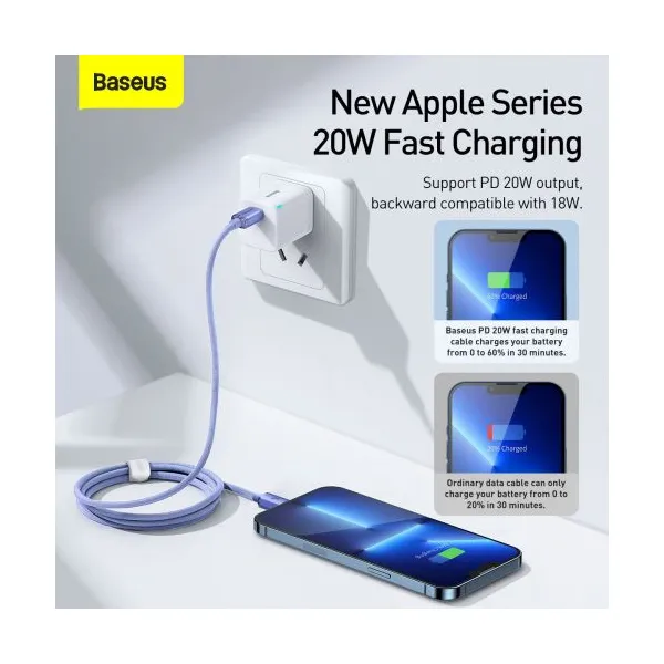 Kábel Baseus Crystal Shine USB-C na Lightning, 20 W, PD, 1,2 m (fialový) 030329