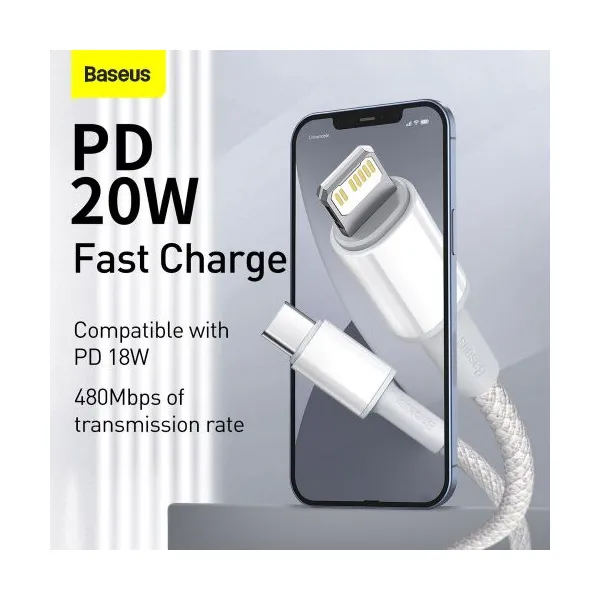 Kábel USB-C do Lightning Baseus High Density Braided, 20W, PD, 2m (biały) 024643