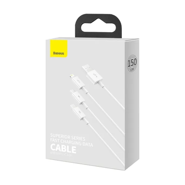 Kábel USB 3w1 Baseus Superior Series, USB do micro USB / USB-C / Lightning, 3,5 A, 1,2 m (biely) 026226