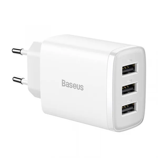 Kompaktná rýchlonabíjačka Baseus, 3x USB, 17W (biela) 033899