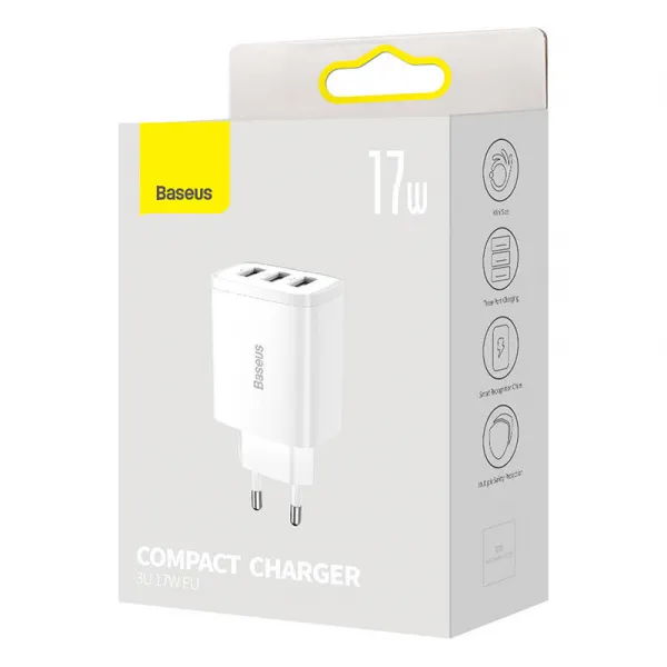 Kompaktná rýchlonabíjačka Baseus, 3x USB, 17W (biela) 033899