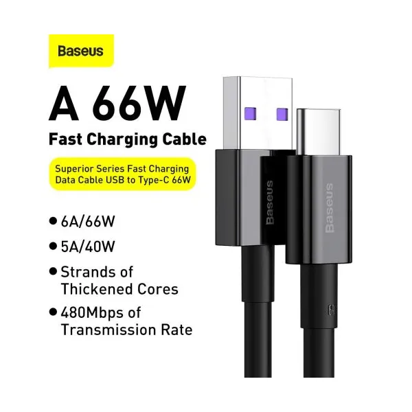 Kábel USB na USB-C Baseus Superior Series, 66 W, 2 m (čierny) 026623