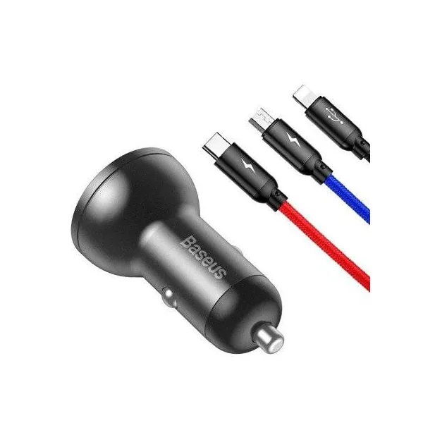 Baseus Adaptér 2xUSB 24W + Kábel 3in1 Micro USB/ Lightning /Type C 1,2 meter, Čierny