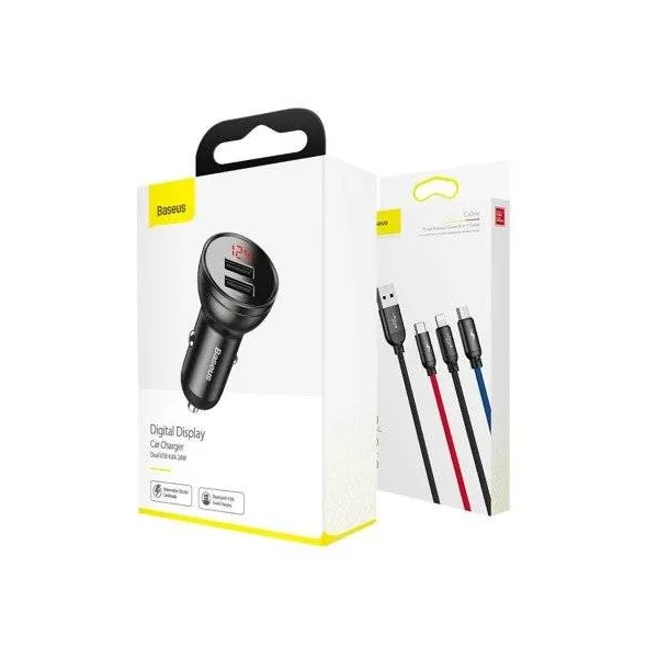 Baseus Adaptér 2xUSB 24W + Kábel 3in1 Micro USB/ Lightning /Type C 1,2 meter, Čierny