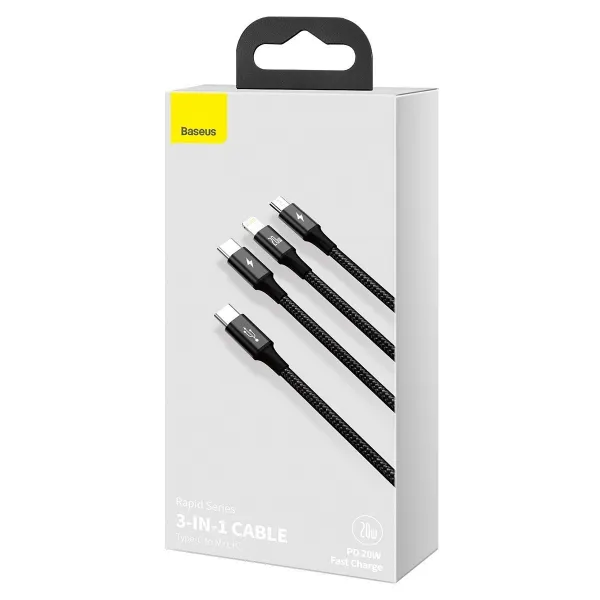 Kábel USB 3w1 Baseus Rapid Series, micro USB / Lightning / USB-C, 20 W, 1,5 m (černý) 025695