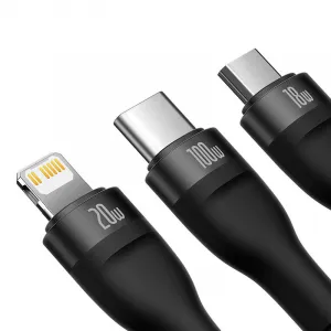 Kábel USB 3w1 Baseus Flash Series 2, USB-C + micro USB + Lightning, 100 W, 1,5 m (černý) 034555